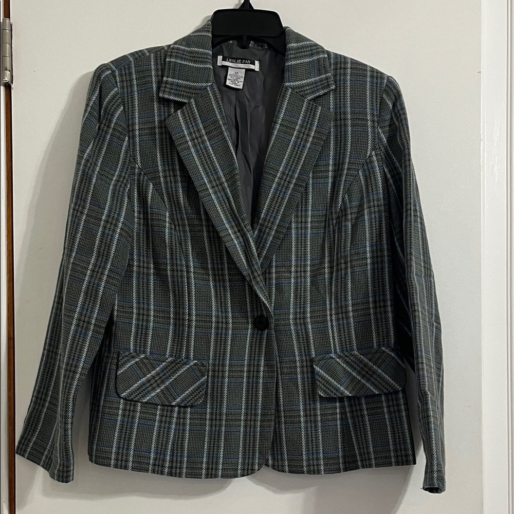 Leslie Fay Womens Plaid Blazer Jacket Gray Classic Button Front Career
